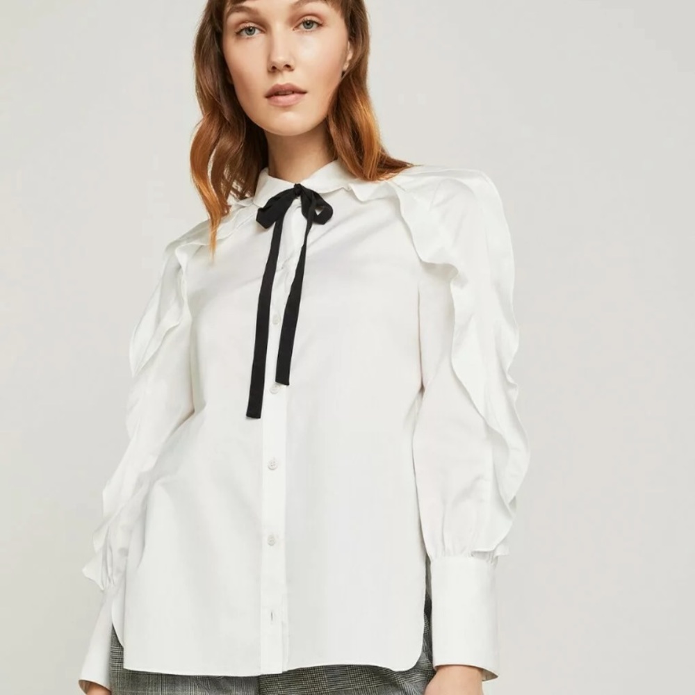 Bcbg Maxazria white tie ruffled button-down top S